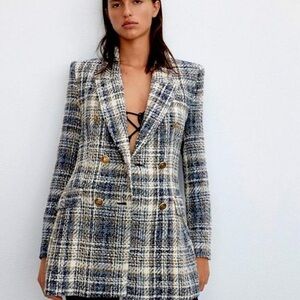 Zara Tweed Plaid Double Breasted Blazer